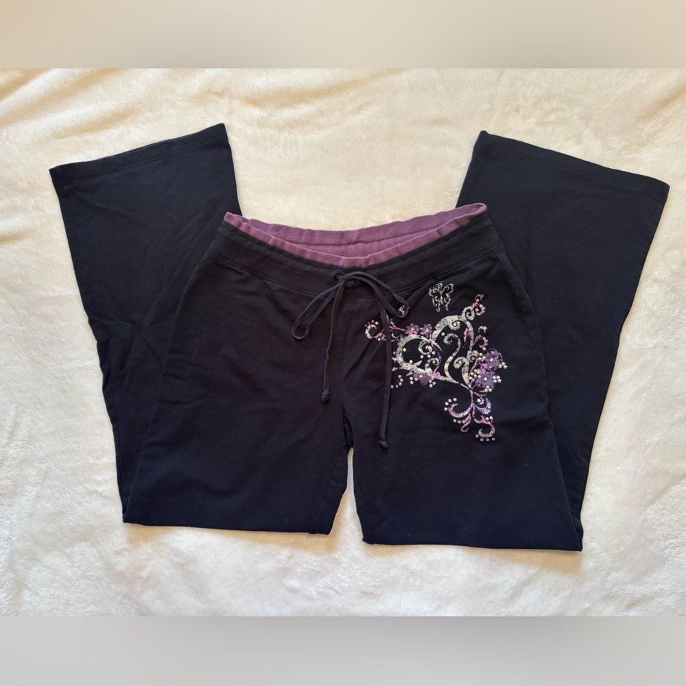 Vintage Active USA Black and Purple Lounge Pants Unique Sparkle Design Small